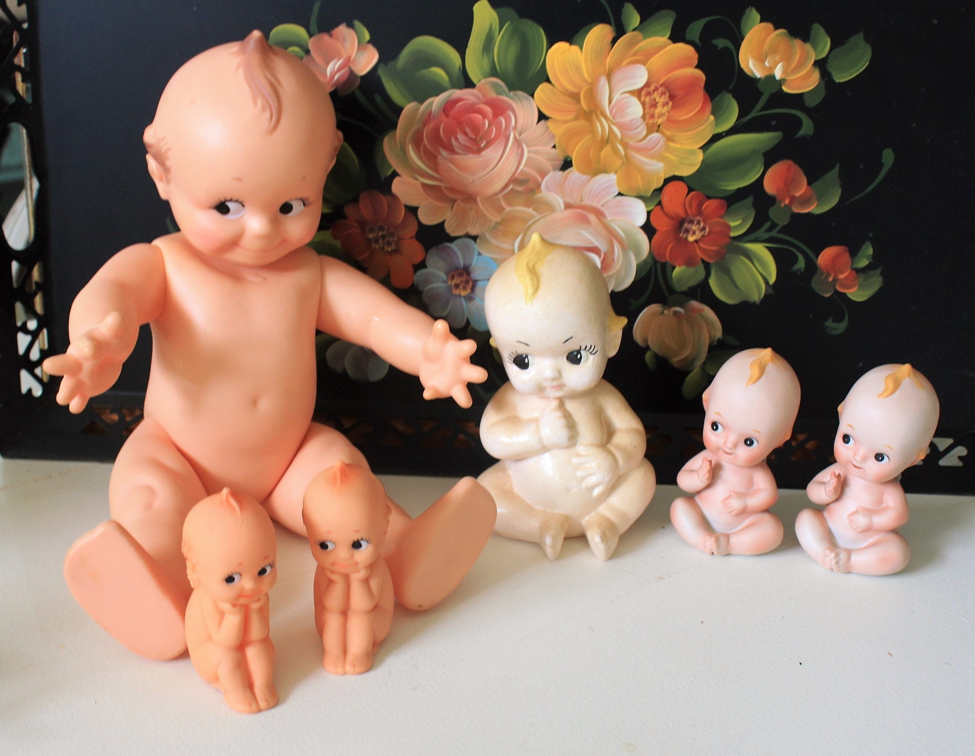 Collection of 6 Kewpie Dolls, 2 Vintage Bisque Kewpie Dolls, 1 Large
