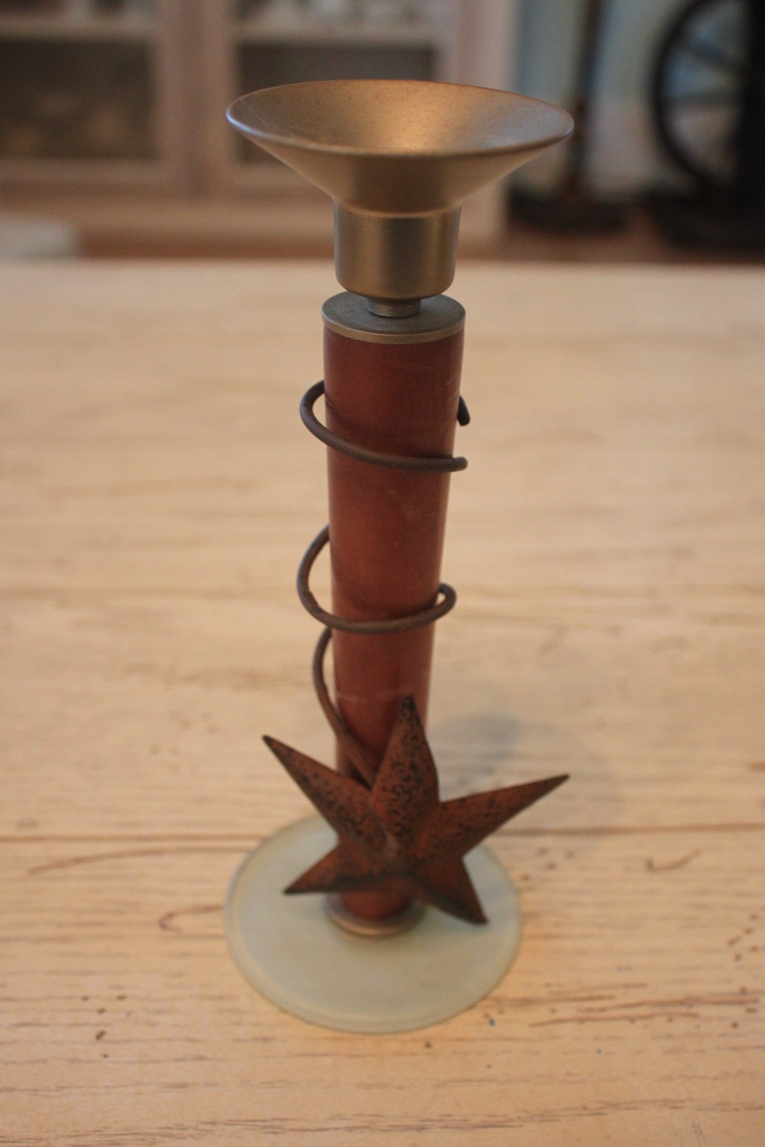 Beautiful wooden and glass primitive candle holders