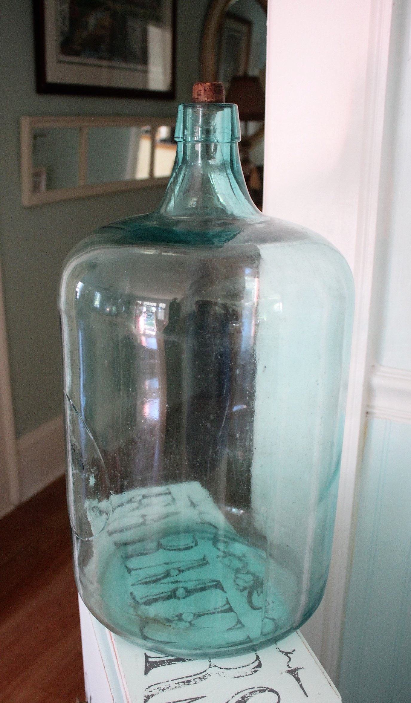 Vintage heavy clear teal 5 gallon water bottle heavy thick