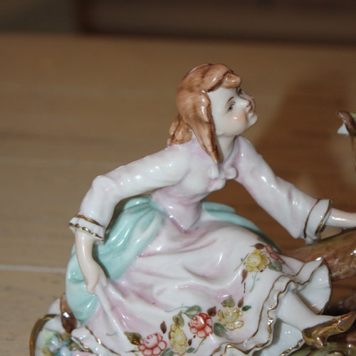 Vintage shops Dresden Porcelain Boy & Girl On A Log Seesaw/ Teeter Totter Figurine