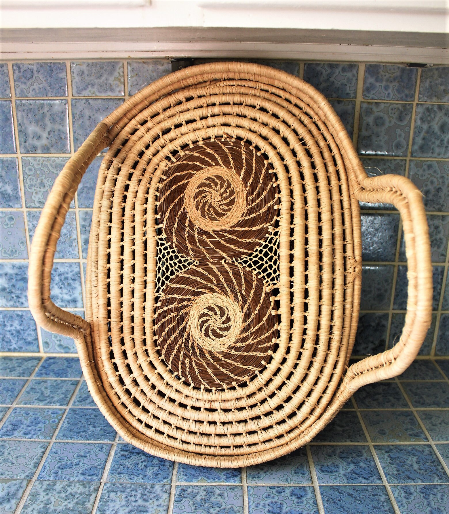 Vintage colorful woven straw basket with attached lid