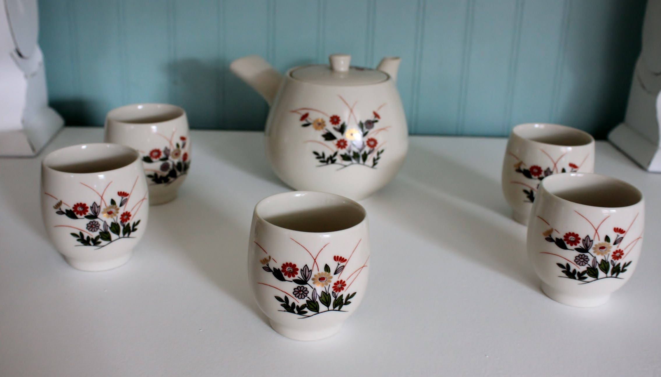 Vintage Porcelain JAPANESE Teapot Tea Pot Set Double Handle & 5 Cups
