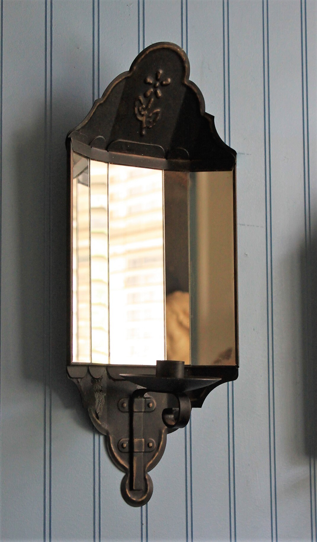 Two Black Tin Mirror Candle Sconces with Flowers Design Reflector