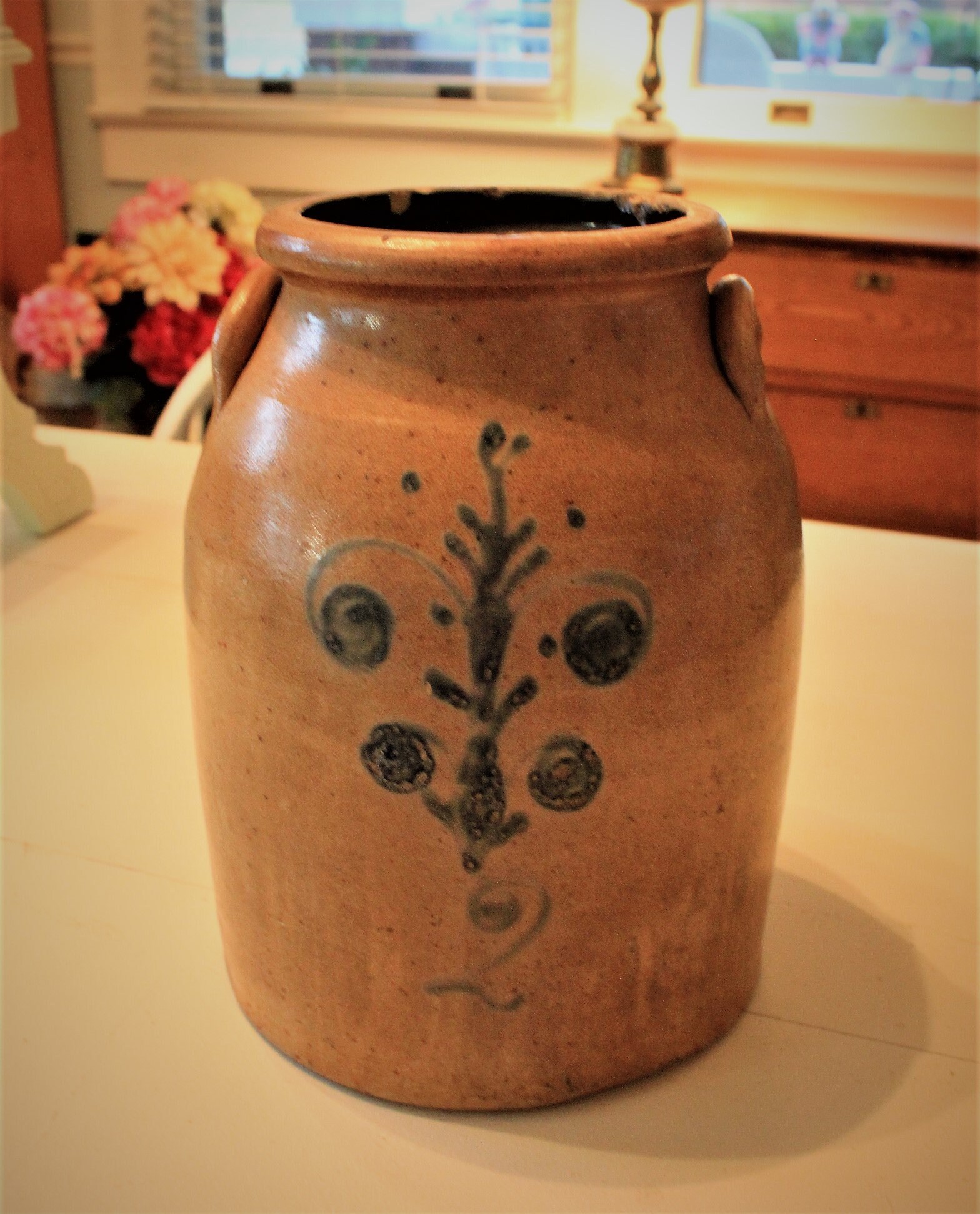 Primitive Salt Glazed Water Burnished Crock Jug, Antique Stoneware