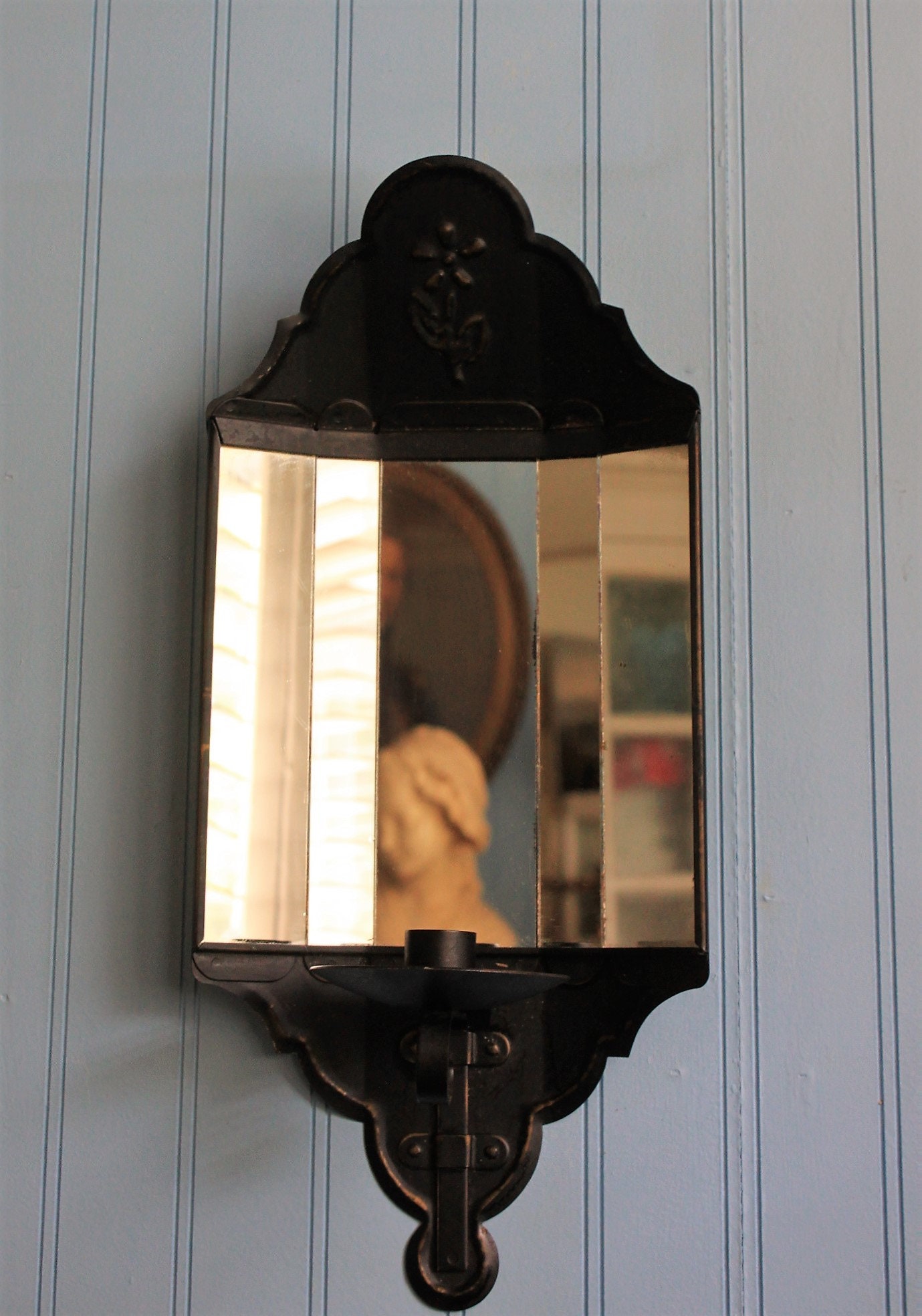 Two Black Tin Mirror Candle Sconces with Flowers Design Reflector