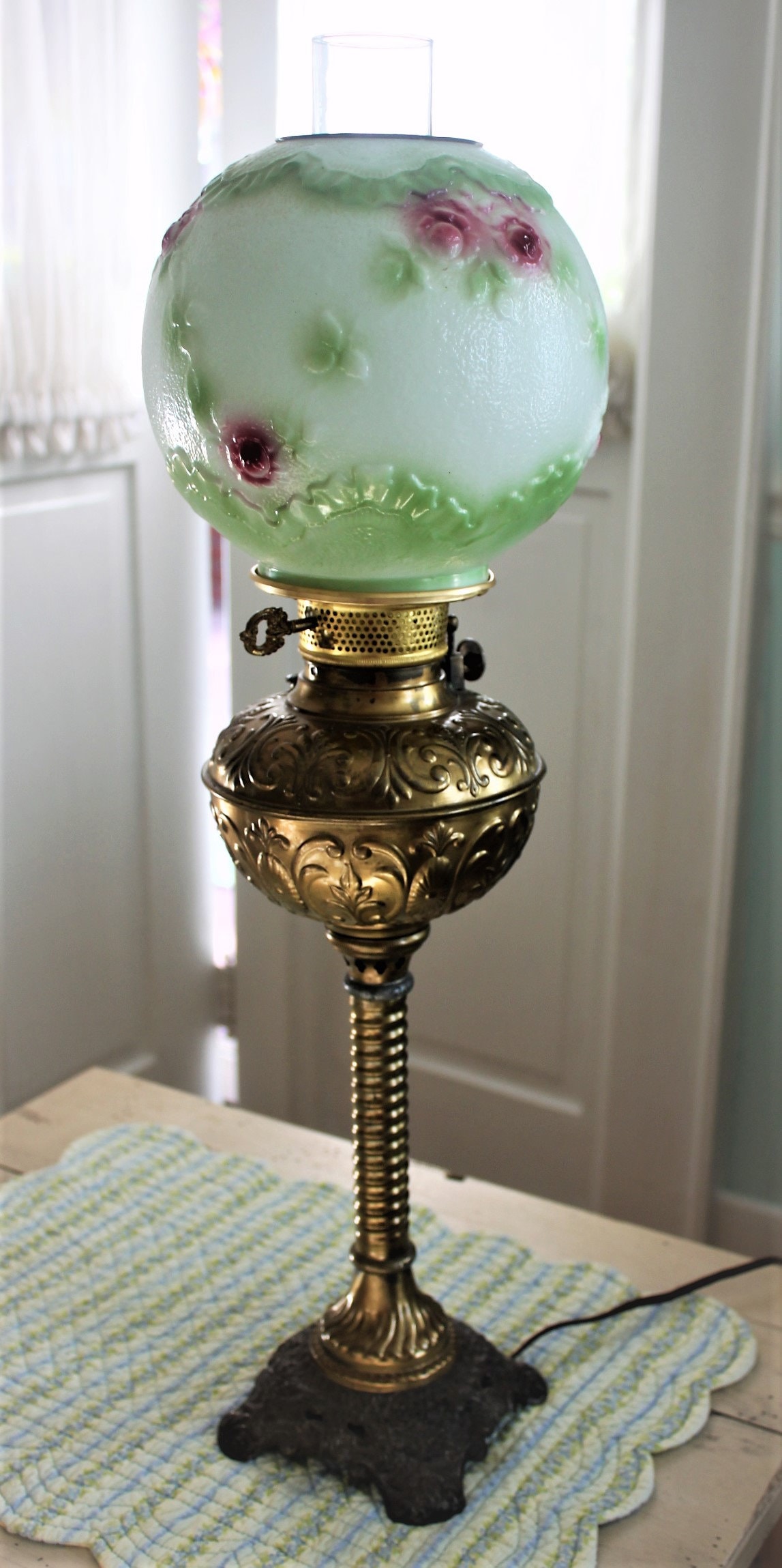 1890's Ornate Brass Banquet Lamp, Painted Globe, Removable Font, 32