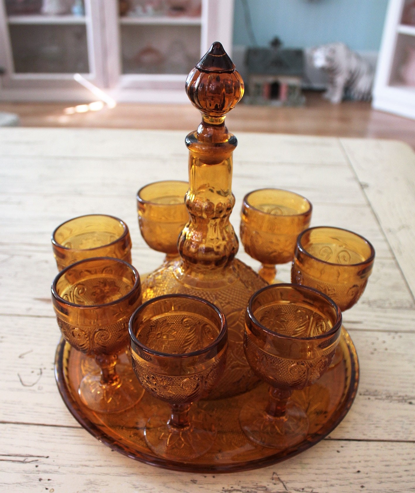 Vtg tiara glass amber cordial set by the indiana glass co. Nos complete