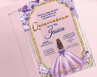 Quinceanera Invitation Lilac Dress Mexican Invite, Pink Mis Quince, Sweet 15, Sweet 16, Floral Design, Spanish Design Quince anos