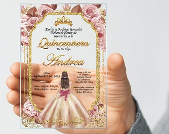 Rose Gold Dress Quinceañera Invitation, Sweet 15, Sweet 16, XV Años, Princess Theme, Custom Text, Birthday Invite, Clear Acrylic, Mis Quince