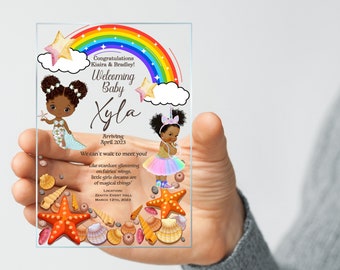 Afro Baby Mermaid Birthday Party Acrylic Invitation,  Clear Invitations