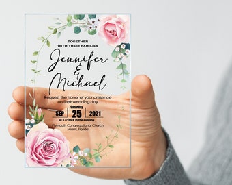 Wedding Invitation Pink Rose Acrylic Invitation Luxury, Wedding Card, Birthday Quinceanera Party Clear Invitations