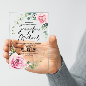 Faire-part de mariage Rose Rose Acrylique Invitation Luxe, Carte de mariage, Anniversaire Quinceanera Party Invitations claires