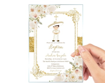 Gold Baptism Invitation for Boy, Luxury Invitation Charro Spanish Bautizo Invite, Gold Fiesta Big Boy Baptism, White Flowers Christening