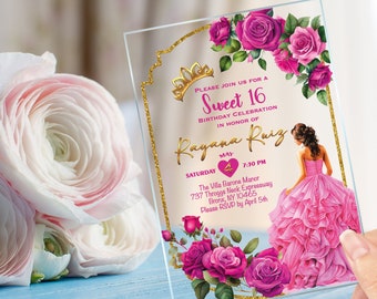 Quinceanera Invitation Clear Glass, Fuchsia Pink Dress Princess,  Mis Quince, Sweet 15, Sweet 16, XV Anos, 15 Anos