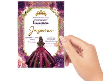 Burgundy Quinceanera Invitation Clear Glass, Burgundy Dress Princess,  Mis Quince, Sweet 15, Sweet 16, XV Anos, 15 Anos