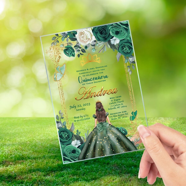 Quinceanera Invitation Emerald Green Dress,  Mis Quince, Sweet 15, Sweet 16, Quince anos Floral Design, Spanish Design Mexican Invite