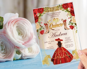 Red Charro Dress Quinceañera Invitation, Sweet 15, Sweet 16, XV Años, Princess Theme, Custom Text, Birthday Invite, Clear Acrylic,Mis Quince
