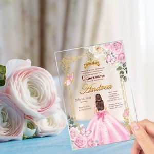 Convite Quinceañera de Luxo – Cartão de Acrílico Transparente, Vestido Rosa, Sweet 15, Sweet 16, XV Años, Tema Princesa, Texto Personalizado