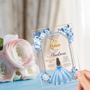 Invito Quinceañera Abito Azzurro, Sweet 15, Sweet 16, XV Años, Tema Principessa, Testo Personalizzato, Compleanno, Acrilico Trasparente