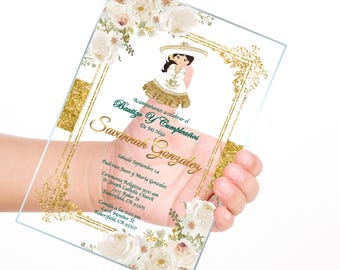 Baptism Invitation for Girl, Luxury Holy Bautizo Christening Gold Cross Fiesta Little Girl Praying First Communion invitation