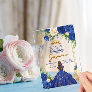 Convite Quinceañera Vestido Azul Royal, Sweet 15, Sweet 16, XV Años, Tema Princesa, Texto Personalizado, Aniversário, Acrílico Transparente