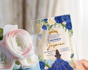 Royal Blue Quinceañera Invitation, Princess Dress, Clear Acrylic