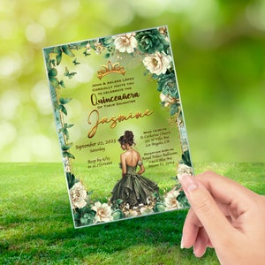 Emerald Green Quinceanera Invitation Clear Glass,  Quince Anos,  Mis Quince, Sweet 15, Sweet 16, XV Anos, 15 Anos