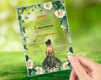 Emerald Green Quinceanera Invitation Clear Glass,  Quince Anos,  Mis Quince, Sweet 15, Sweet 16, XV Anos, 15 Anos