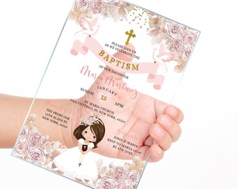 Baptism Invitation for Girl, Luxury Holy Bautizo Christening Gold Cross Fiesta Little Girl Praying First Communion invitation
