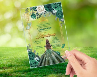 Emerald Green Dress Quinceañera Invitation, Sweet 15, Sweet 16, XV Años, Princess Theme, Custom Text, Birthday Invite, Quince Anos Clear