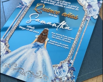 Blue Mirror Quinceanera Luxury Invitation ,  Quince Anos,  Mis Quince, Sweet 15, Sweet 16, XV Anos, 15 Anos