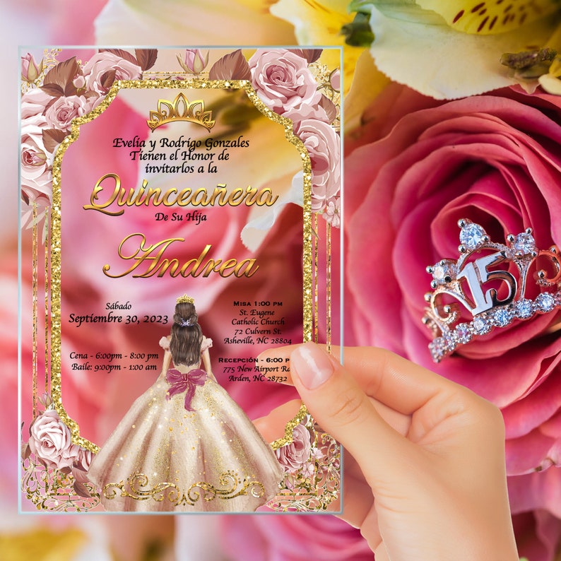 Rose Gold Dress, Quinceanera, xv anos, 15 anos,mis quince, Clear Glass Invitation, quince anos