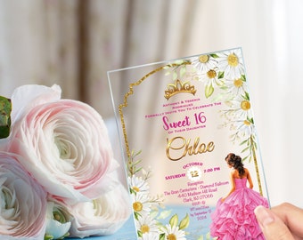 Quinceanera Invitation, Daisy concept Pink Dress Princess,  Mis Quince, Sweet 15, Sweet 16, Floral Design, Spanish Design, Luxury