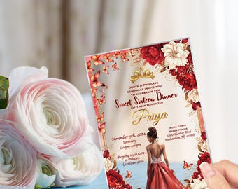 Quinceanera Invitation Red Dress,  Mis Quince, Sweet 15, Sweet 16, Quince anos Floral Design, Spanish Design Invitation