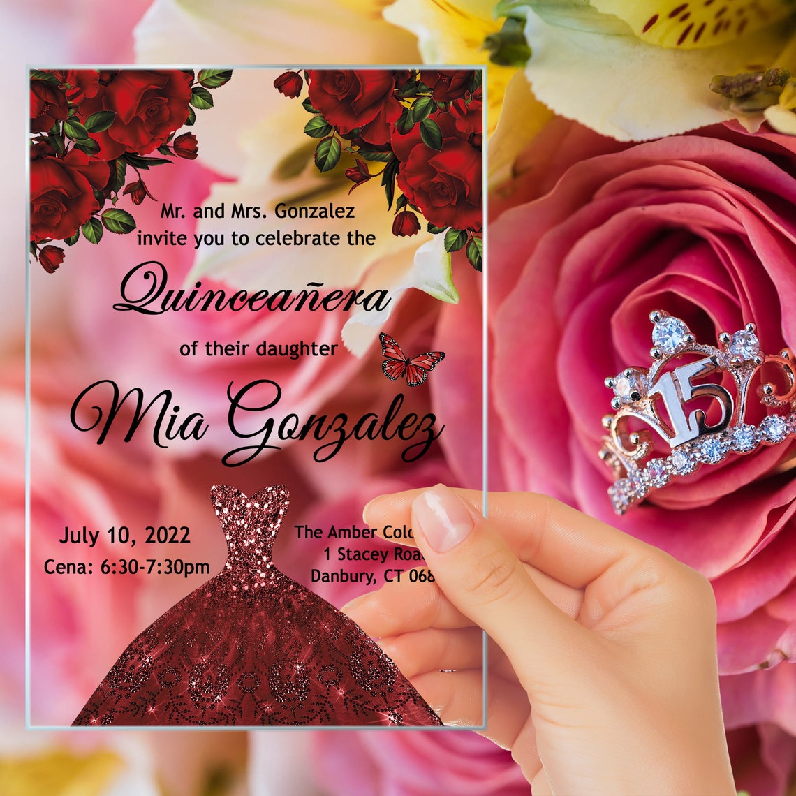 Red Roses Invitation Design Quinceanera Invitation , Red Dress Red Roses Invitation Designs ...