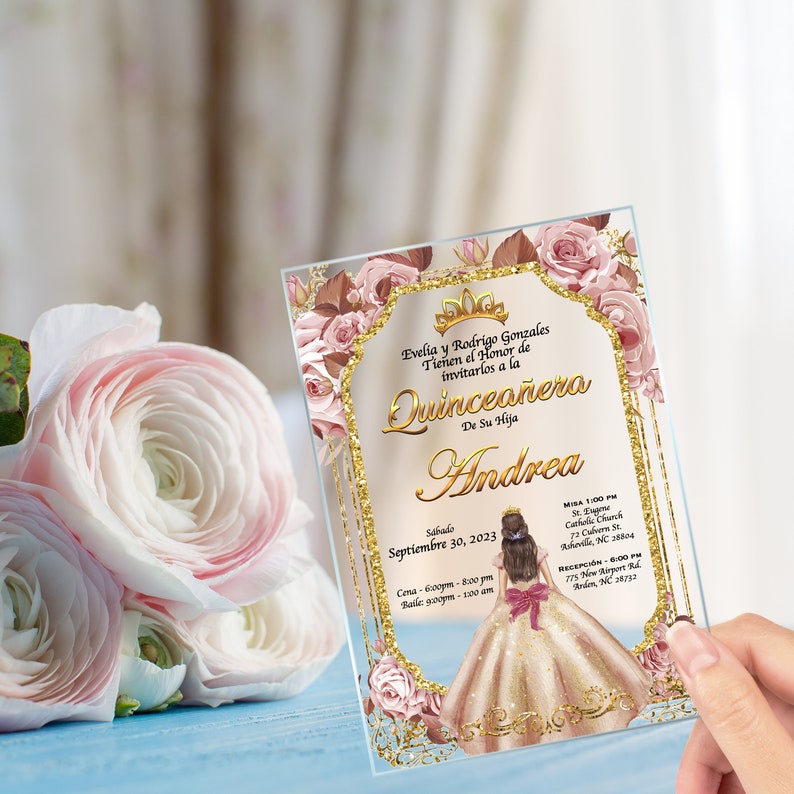 Rose Gold Dress, Quinceanera, xv anos, 15 anos,mis quince, Clear Glass Invitation, quince anos