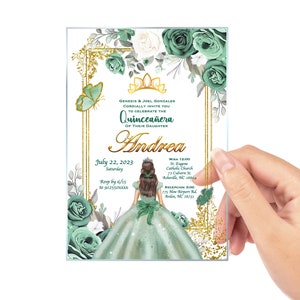 Faire-part Quinceañera Robe Vert Sauge, Sweet 15, Sweet 16, XV Años, Thème Princesse, Texte Personnalisé, Anniversaire,Acrylique Transparent