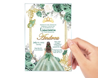 Sage Green Dress Quinceañera Invitation, Sweet 15, Sweet 16, XV Años, Princess Theme, Custom Text, Birthday Invite, Clear Acrylic