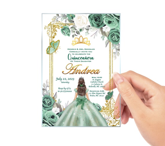 Sage Green Dress Quinceañera Invitation, Sweet 15, Sweet 16, XV Años, Princess Theme, Custom Text, Birthday Invite, Clear Acrylic