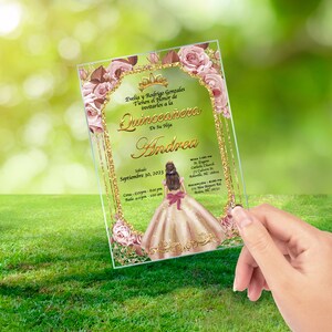 Rose Gold Dress, Quinceanera, xv anos, 15 anos,mis quince, Clear Glass Invitation, quince anos
