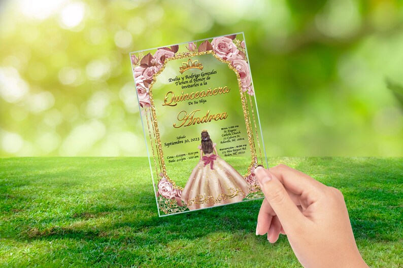 Rose Gold Dress, Quinceanera, xv anos, 15 anos,mis quince, Clear Glass Invitation, quince anos