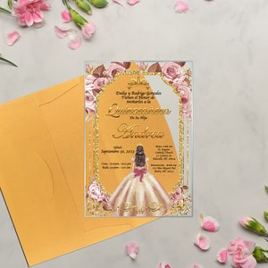 Rose Gold Dress, Quinceanera, xv anos, 15 anos,mis quince, Clear Glass Invitation, quince anos
