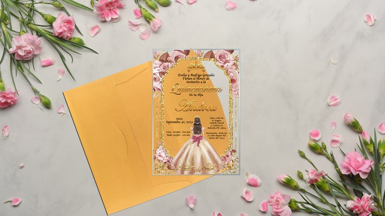 Rose Gold Dress, Quinceanera, xv anos, 15 anos,mis quince, Clear Glass Invitation, quince anos