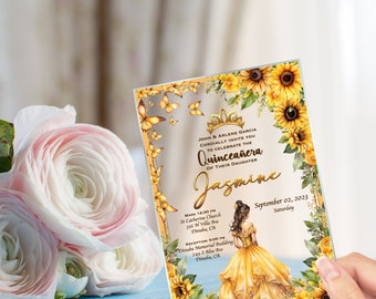 Quinceanera Invitation Clear Glass, Sun Flowers Yellow Dress Princess,  Mis Quince, Sweet 15, Sweet 16, XV Anos, 15 Anos