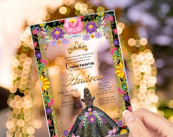 Quinceanera Invitation Clear Glass, Black Dress Princess,  Mis Quince, Sweet 15, Sweet 16, XV Anos