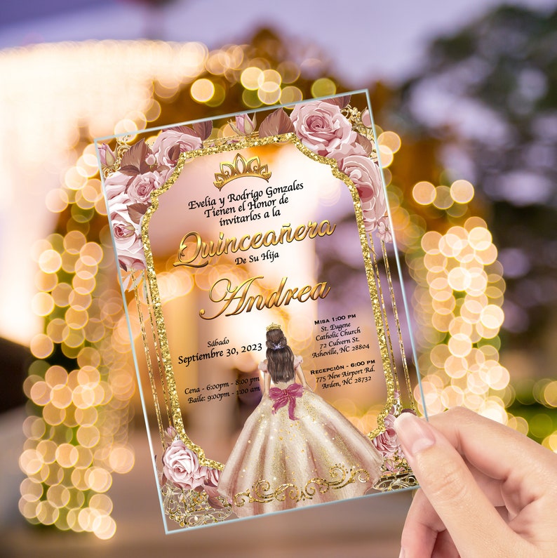 Rose Gold Dress, Quinceanera, xv anos, 15 anos,mis quince, Clear Glass Invitation, quince anos