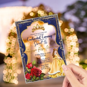 Invito Quinceañera Tema Beauty and the Beast, Acrilico Trasparente, Mis Quince, Abito Belle, Sweet 15, XV Anos, Testo Personalizzato