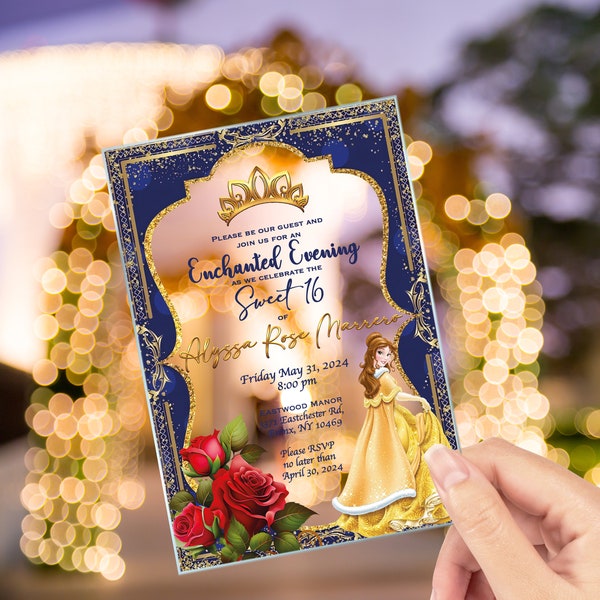 Beauty and the Beast Quinceanera Invitation, Princess Belle,  Clear Glass, Rose Gold Dress Princess, Mis Quince, Sweet 15, Sweet 16, XV Anos