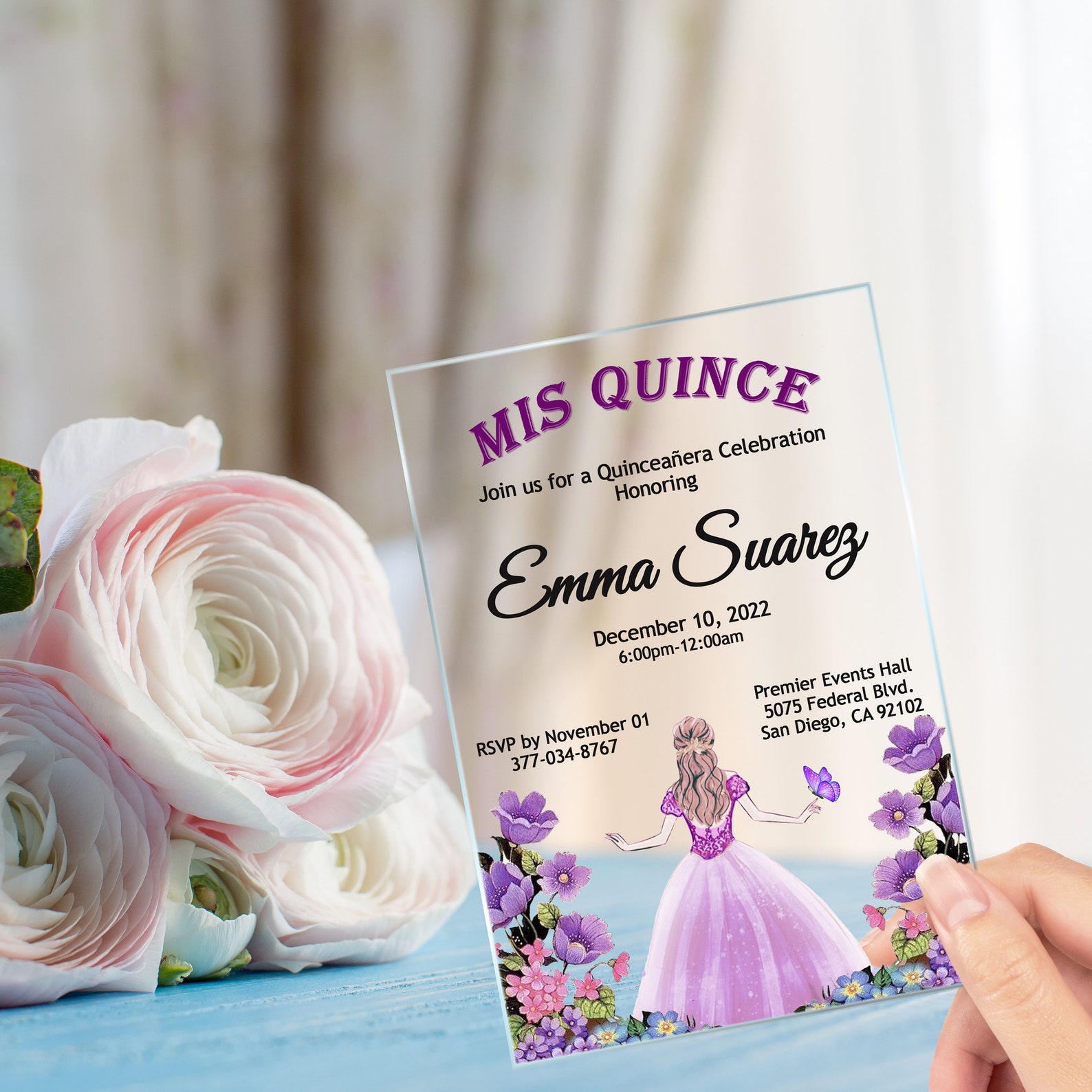 Quinceanera Invitation Lilac Dress Purple Flowers Invitation Etsy