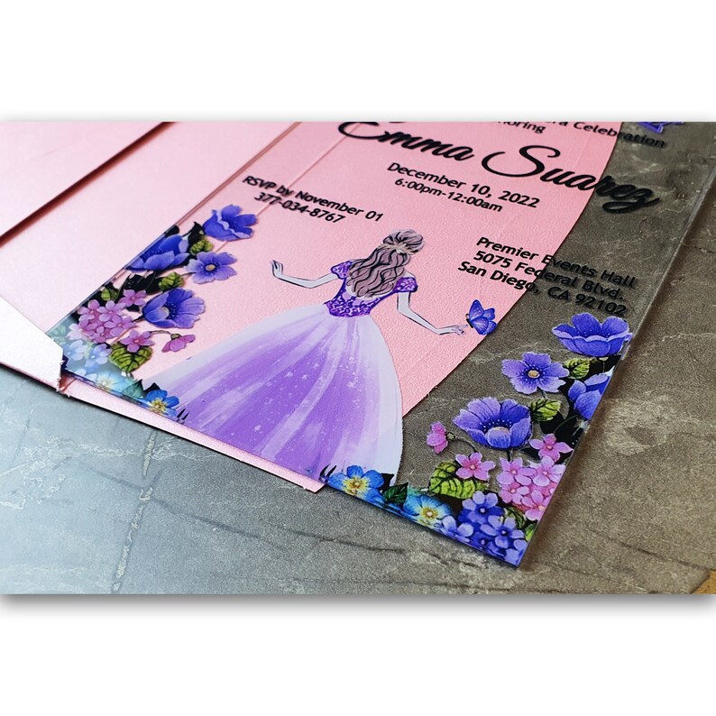 Quinceanera Invitation Lilac Dress Purple Flowers Invitation Etsy